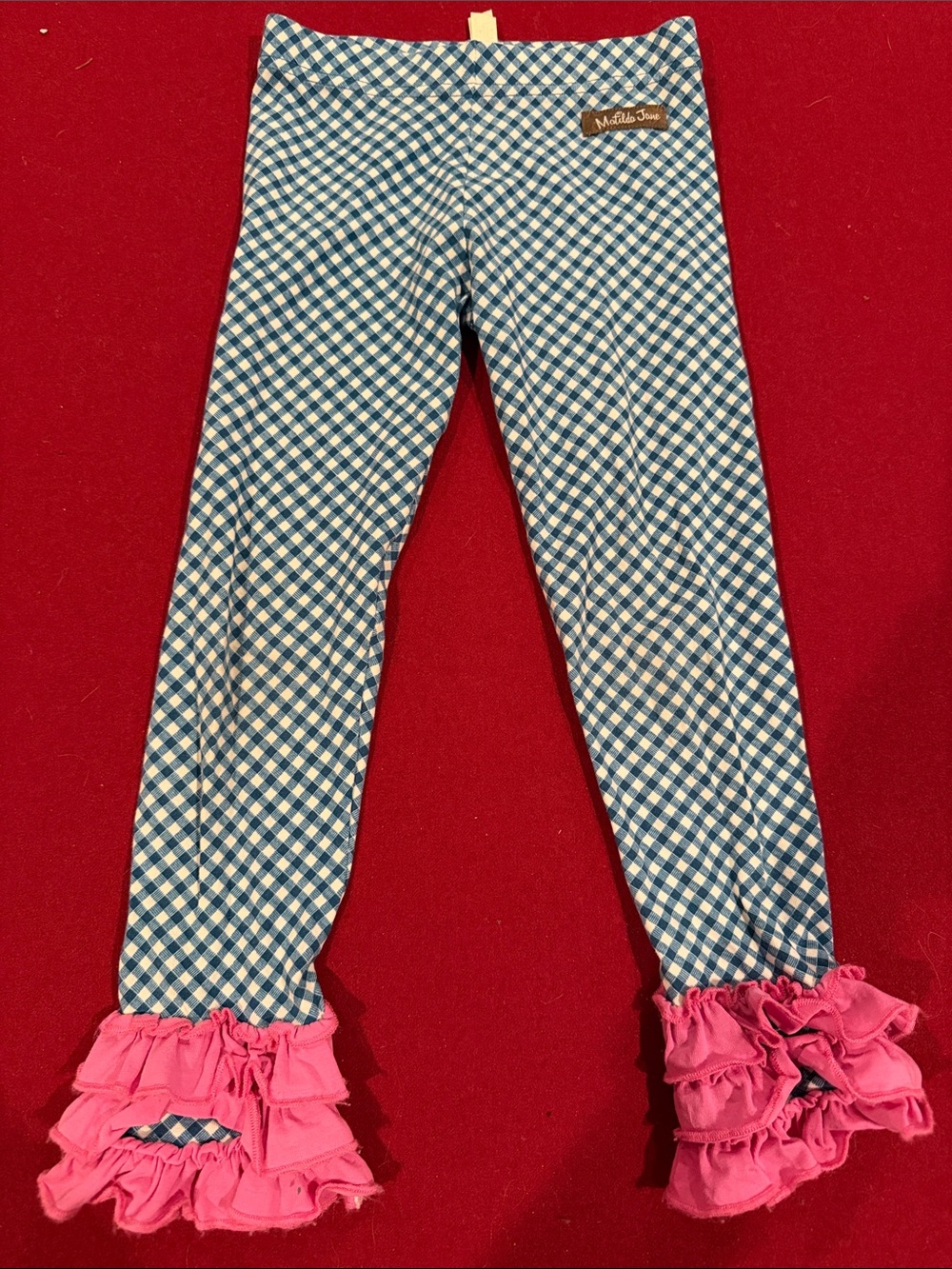 Matilda Jane Blue Gingham Leggings with Pink Ruffle Hems